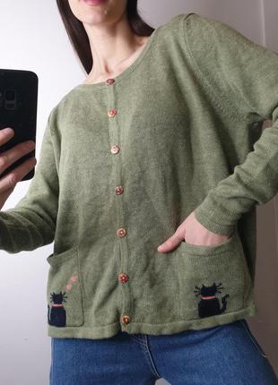 Милый винтажный брендовый свитер кардиган с кошками разными пуговицами карманами1 фото