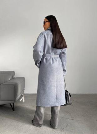 Демисезонное шерстяное длинное пальто на кнопках с поясом7 фото