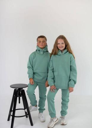 Костюм спортивный не кашлатится теплый детский из family look из трехнитки пинье на флисе бирюзовый