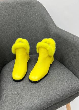 Яркие желтые кожаные ботинки с опушением из норки цвет по выбору6 фото