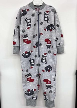 Цена от размера! комбинезон - слип детский ясельный, пижама утеплённая слитная детская серый коты