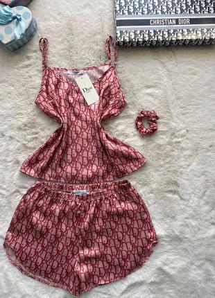 Сатинова якісна піжама діор майка і шорти s-xl