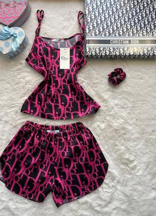 Сатинова якісна піжама діор майка і шорти s-xl