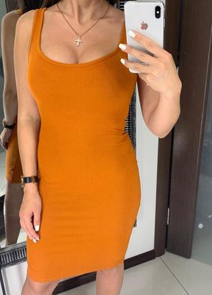 👗обалденное оранжевое платье-майка в рубчик/облегающее платье миди в рубчик👗1 фото