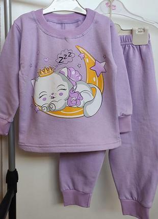 Пижама детская, кофта с рисунком - принтом котик, штаны, сиреневая