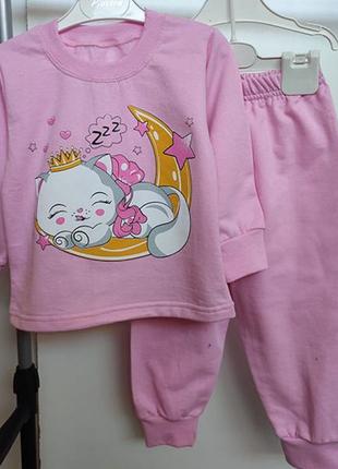 Піжама дитяча, кофта з малюнком — принтом котик, штани, рожева