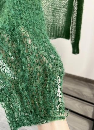 Зеленый мохерный невесомый свитер паутина облачко ручной работы7 фото