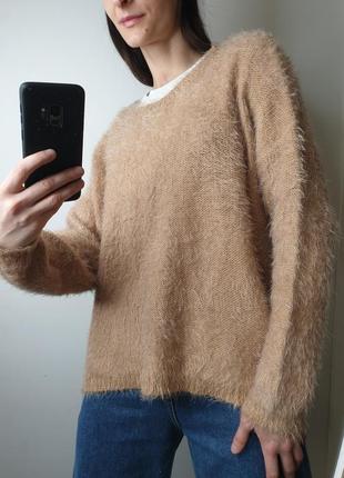 Мягкий удлиненный теплый свитер травка джемпер цвета кэмэл нюдового6 фото