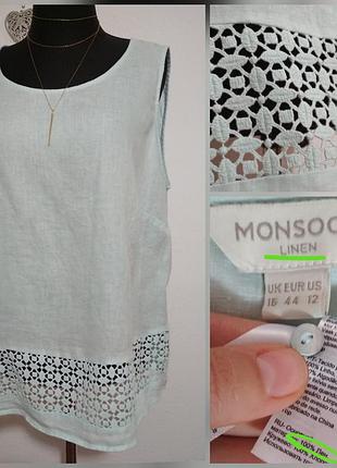 Большой размер 100% лён фирменная льняная блуза с роскошным кружевом мятного цвета