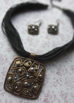 Комплект ручной работы колье ожерелье жемч серьги шнур медн бохо кулон этно чёрн2 фото