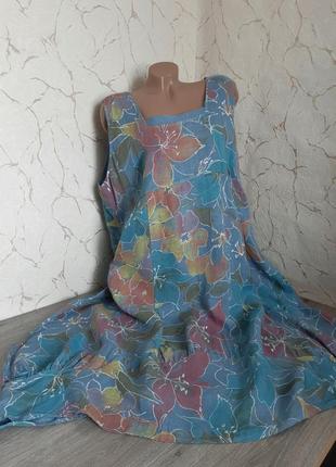Лен! платье -сарафан лен   батал фасон "бохо" голубой/разноцветный -56 р eco italy лен
