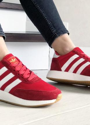 Шикарные женские кроссовки adidas iniki красные с белым2 фото