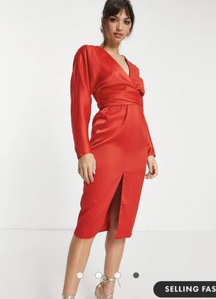 Червона атласна сукня міді asos із рукавом «летюча миша» та талією, з розрізом, декольте4 фото