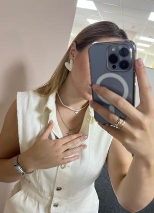 Белый чокер бусы ожерелье подвеска сердце3 фото