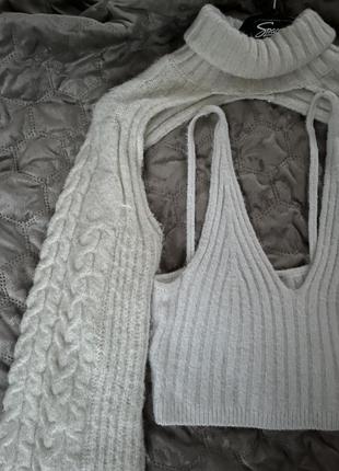Жіночий трикотажний светр двійка болеро з високим коміром і топ