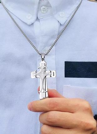 Мужская серебряная подвеска, металлическая цепочка на шею с крестом кулон крестик4 фото