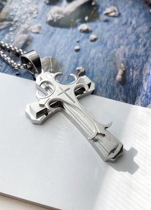 Мужская серебряная подвеска, металлическая цепочка на шею с крестом кулон крестик2 фото