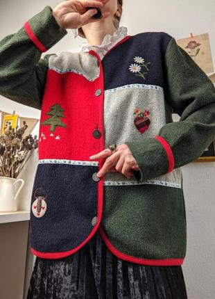 Жакет винтажный шерсть цветной красный зеленый аппликация вышивка м пэчворк пиджак кардиган1 фото