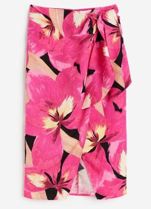 Новая цветочная юбка миди h&m новпя юбка на запах лен хлопок фуксия принт цветы4 фото