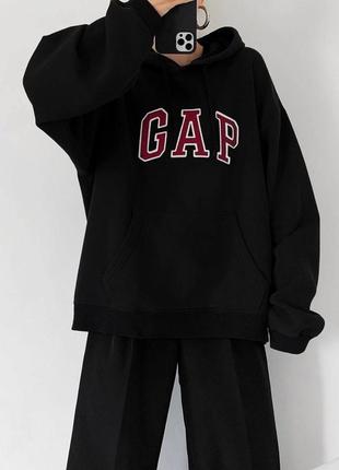 Худи на флисе гап gap оверсайз с капюшоном толстовка красный графитовый серый черный теплый спортивный трендовый стильный3 фото