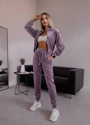 Женский велюровый спортивный костюм цвет слива 💓 пудрово-фиолетовый цвет4 фото