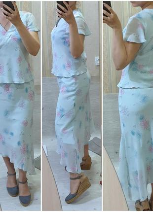 Летний шифоновый костюм блуза и юбка, цветочный принт2 фото