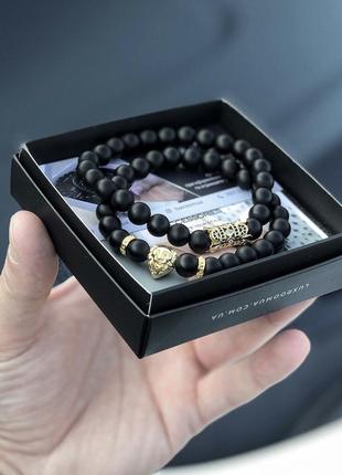 Мужские браслеты из натуральных камней, каменные браслеты со львом из агата комплект4 фото