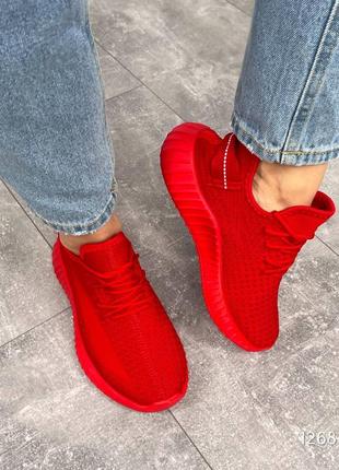 Красные женские спортивные кроссовки тканые текстильные на утолщенной подошве8 фото