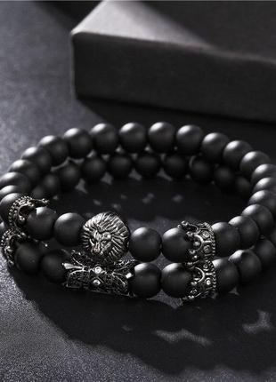 Мужские браслеты из натуральных камней, каменные браслеты со львом из агата черные7 фото