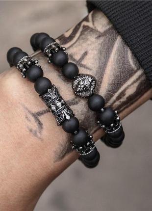 Мужские браслеты из натуральных камней, каменные браслеты со львом из агата черные6 фото