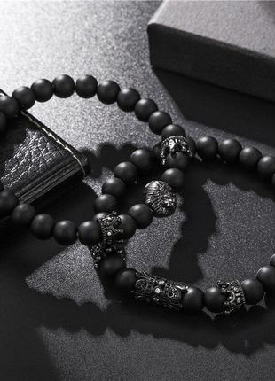 Мужские браслеты из натуральных камней, каменные браслеты со львом из агата черные8 фото