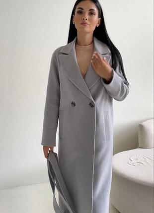 Якісне двобортне жіноче довге трендове пальто з поясом5 фото