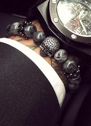 Мужской браслет из натуральных камней, каменный браслет с черепом из яшмы5 фото