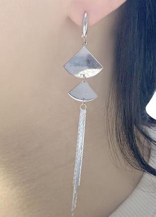Геометричні срібні сережки підвіски без каменів жіночі сережки зі срібла звисаючі з англійським замком3 фото