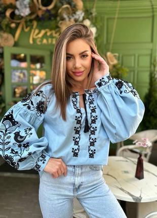 Блакитна вишиванка з об’ємними рукавами 🌸 жіноча вишиванка 💗 вишита сорочка ❤️ блуза 💗