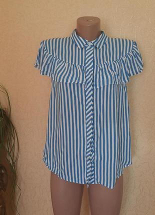 Вискозная   рубашка блуза  в актуальную полоску с рюшей