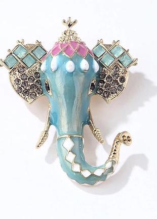 Брошь голубой слон с эмалью и кристаллами1 фото
