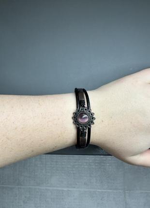 Кожаный коричневый черный браслет солнце розовый кварц2 фото