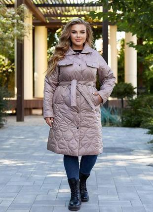 Осеннее женское серое стеганое пальто большого размера4 фото