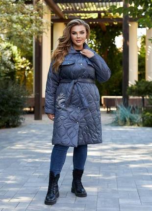 Осеннее женское серое стеганое пальто большого размера6 фото
