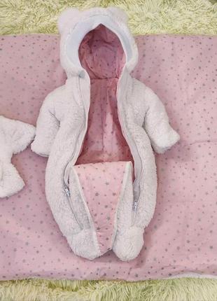 Комбинезон + конверт одеяло тедди для новорожденных малышей, белый с розовым2 фото
