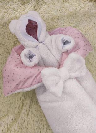 Комбинезон + конверт одеяло тедди для новорожденных малышей, белый с розовым5 фото