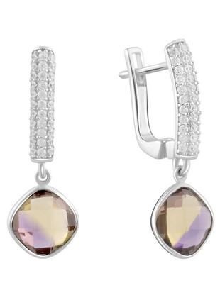 Нежные серебряные сережки подвески с аметрином nano женские серьги из серебра висячие с двухцветным камнем
