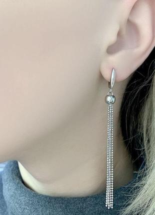Серебряные сережки без камней длинные висячие модные женские серьги с английским замком из серебра3 фото