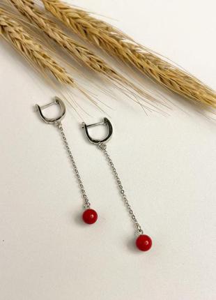 Серебряные сережки подвески с кораллом длинные женские серьги висюльки цепочки из серебра с английским замком3 фото