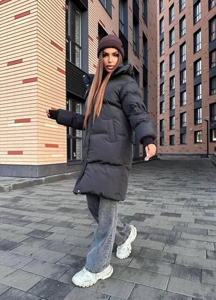 Женская зимняя легкая куртка пуховик с трикотажными манжетами черная 42-46 размер, длина 100 см!3 фото