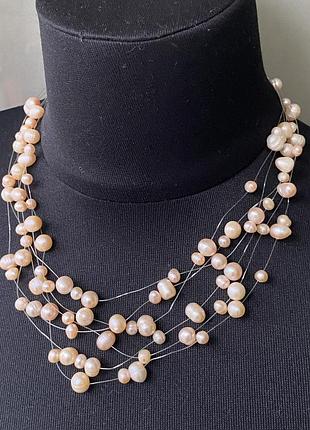Розкішне кольє чокер намисто з натуральними персиковими перлами