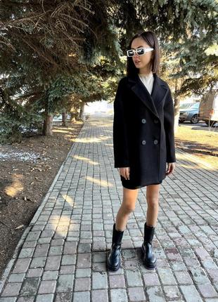 Кашемировое утепленное черное качественное женское пальто оверсайз