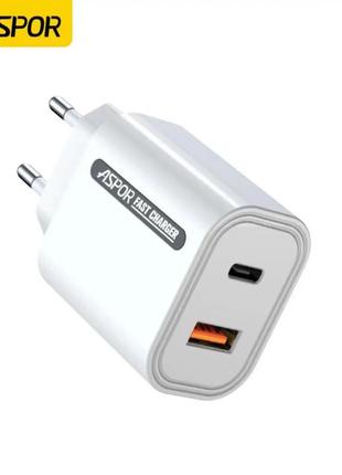 Мережевий зарядний пристрій aspor a806 fast charger (usb/usb-c/3a/33w)- білий