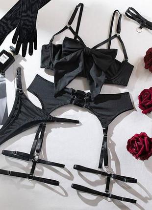 Сексуальный комплект женского белья с перчатками чёрный бордо8 фото